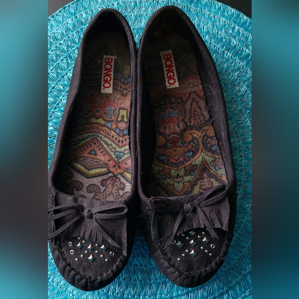 Bongo Black Suede Studded Fringed Slip ons with bow tie